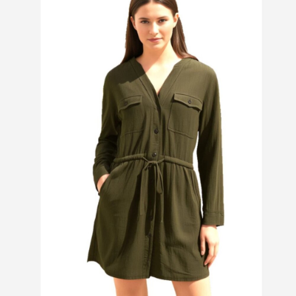 Old Navy Dress Women's Size XLT Olive Green 2 Side 2 Chest Pockets 100% Rayon